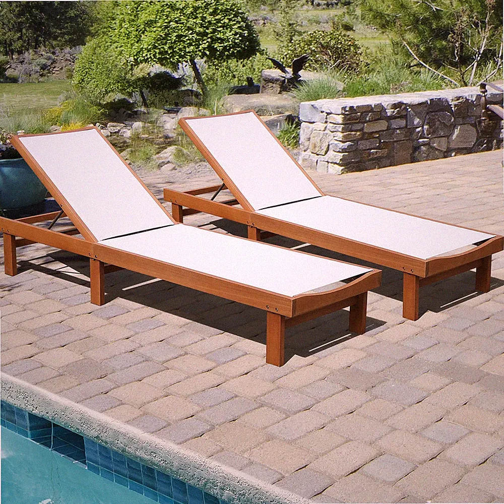 2PCS Patio Wooden Chaise Lounge Chair Recliner w/ Adjustable Backrest