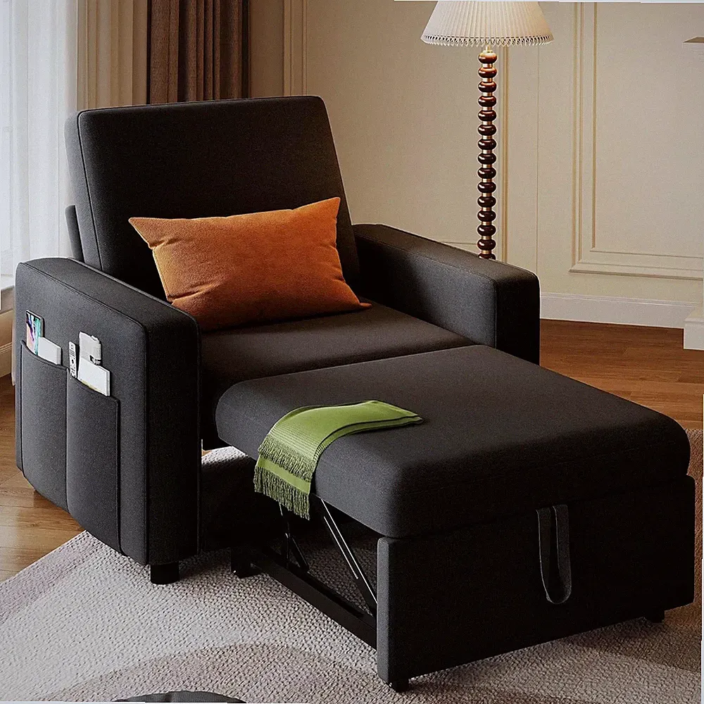 3-in-1 Convertible Sofa Chair Bed with Reclining Backrest, Black Linen