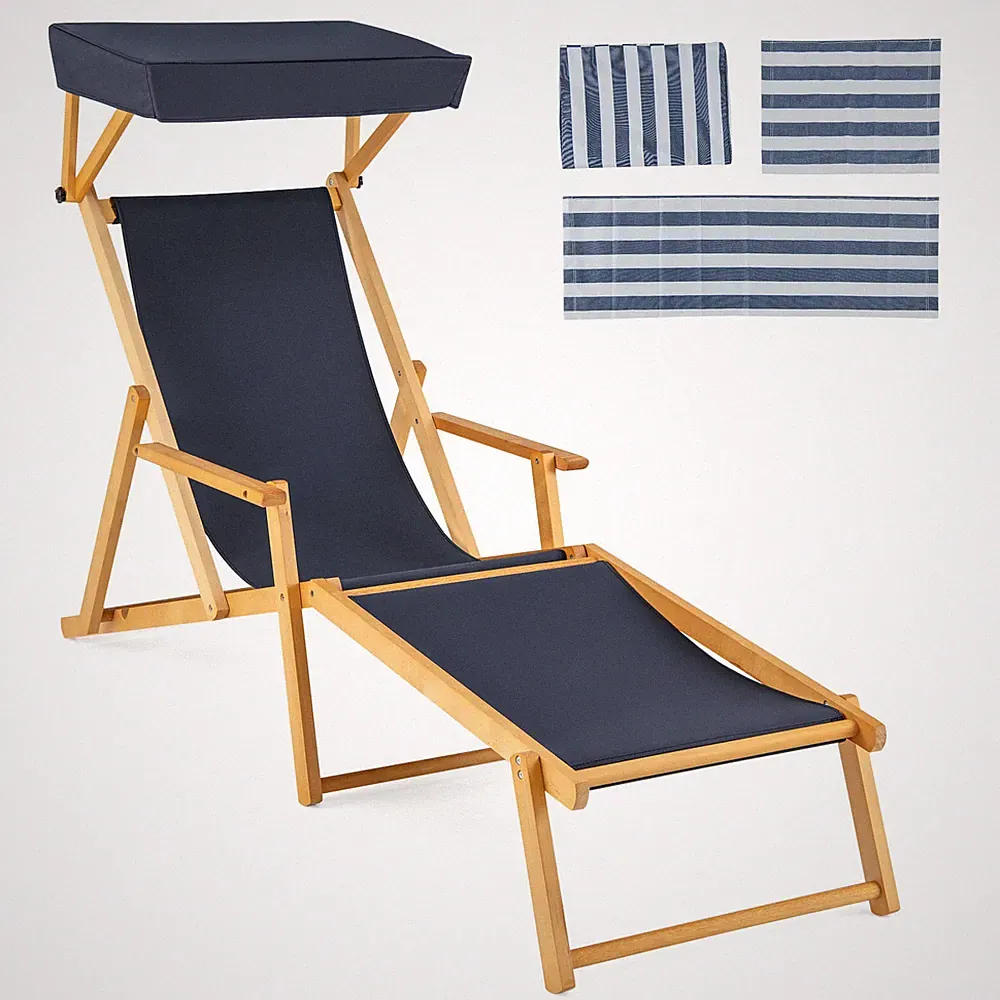 Birch Wood Chaise Lounge Chair W/Adjustable Canopy Reclining Backrest & Footrest