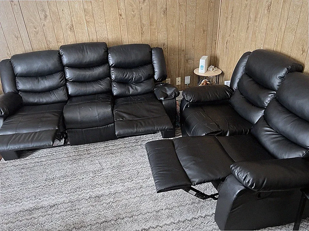 Black Leather Manual Recliner Sofa Set Three-Piece with Armchair and Loveseat