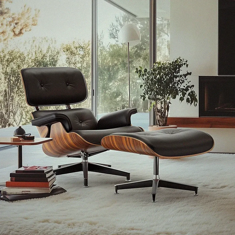 Black PU Leather Chaise Lounge Chair w/ Ottoman Mid Century Modern Wood Base
