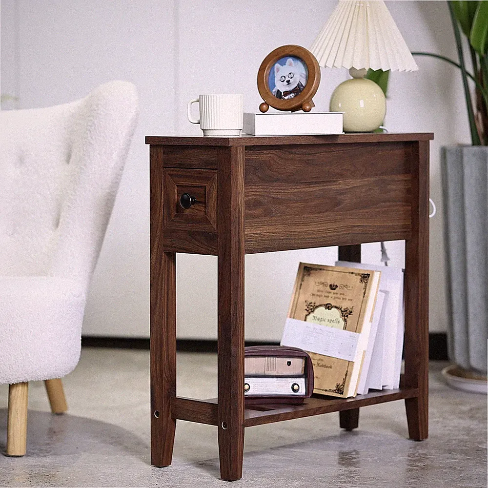 Chairside Narrow End Table Solid Wood Recliner Side Table With Drawer Slim Night
