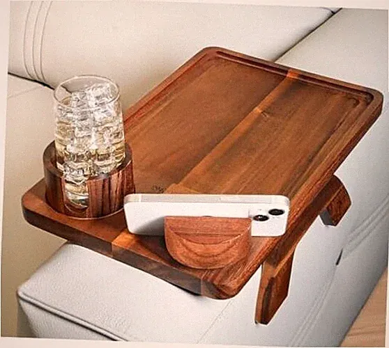 Couch Arm Tray Table with Cup Holder & Adjustable Phone Stand 15.4" x 9.7" x 3"
