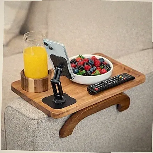 Couch Armrest Table with Cup Holder (15.31" x 9.65") - Acacia Sofa Arm Tray