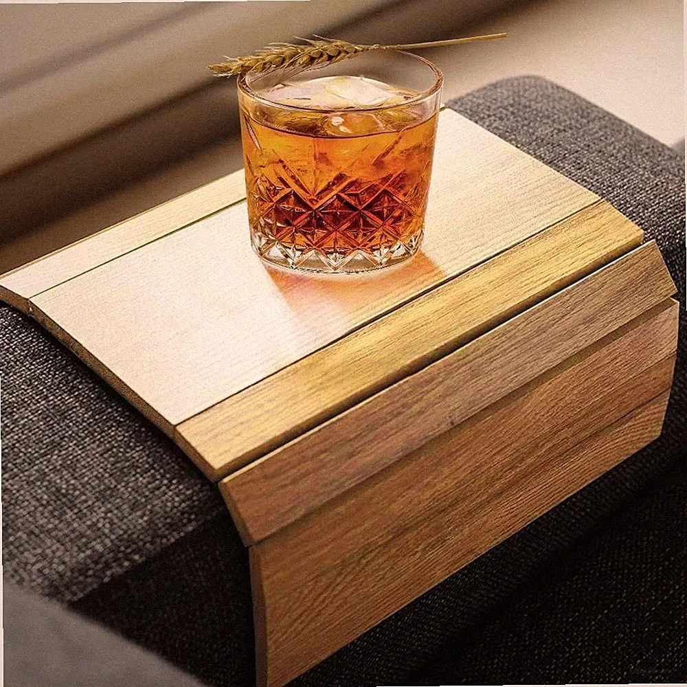 Flexible Wooden Sofa Arm Tray Square Couch Protector Drinks Organiser Non Slip