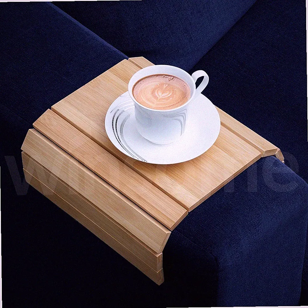 Foldable Bamboo Wood Sofa Armrest Tray Couch Arm Tray Drink Remote Flexable Wood
