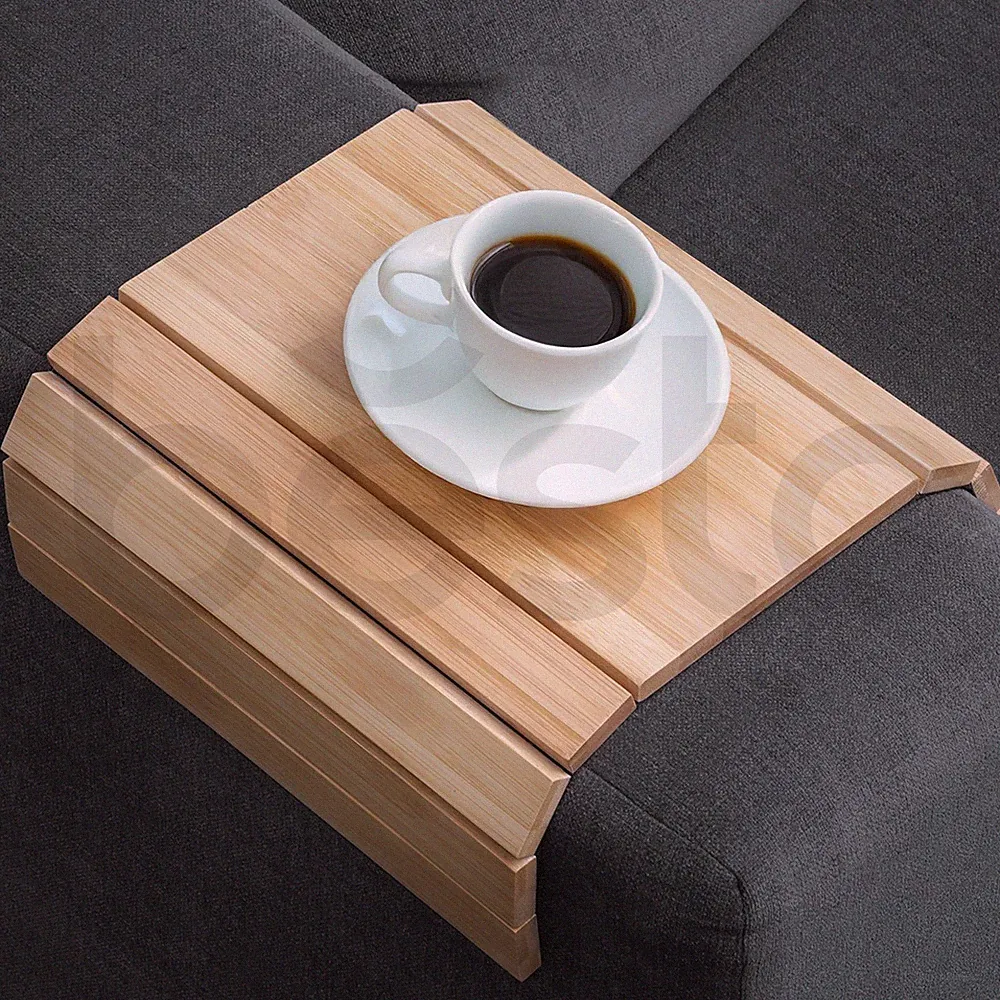 Foldable Bamboo Wood Sofa Armrest Tray Couch Arm Tray Organiser for Snacks Drink