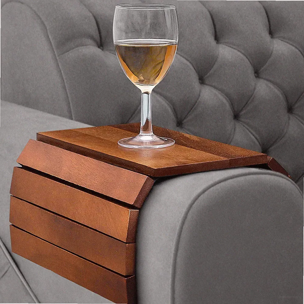 Foldable Sofa Arm Tray Organiser Drink Mug Flexable Wooden Arm Rest Chair Couch