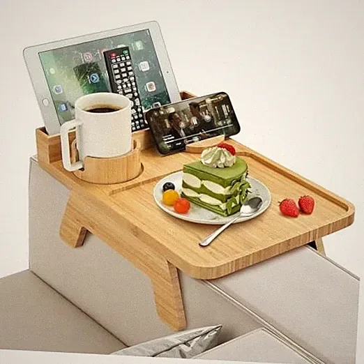 Premium Bamboo Sofa Arm Tray - Couch Armrest Table with Cup Holder, Phone