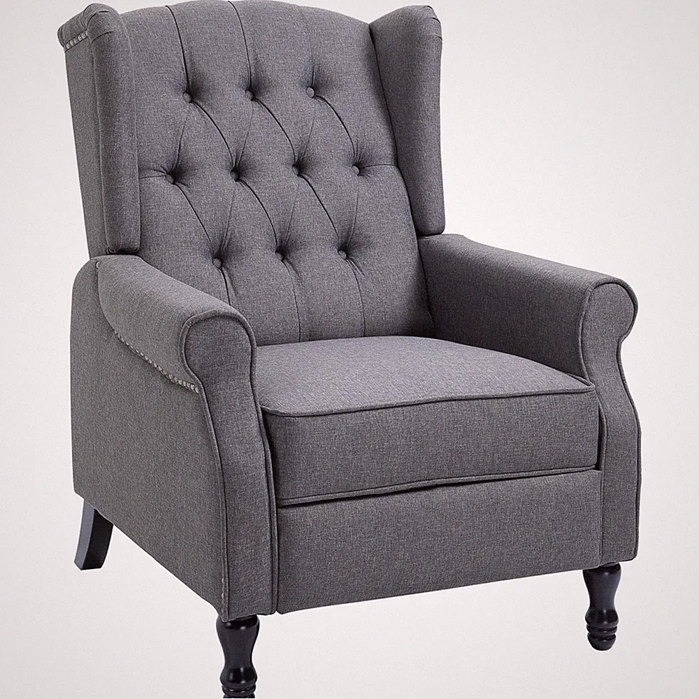 Recliner Armchair Light Grey Linen Tufted 66x90x99cm Wooden Legs Manual 150deg