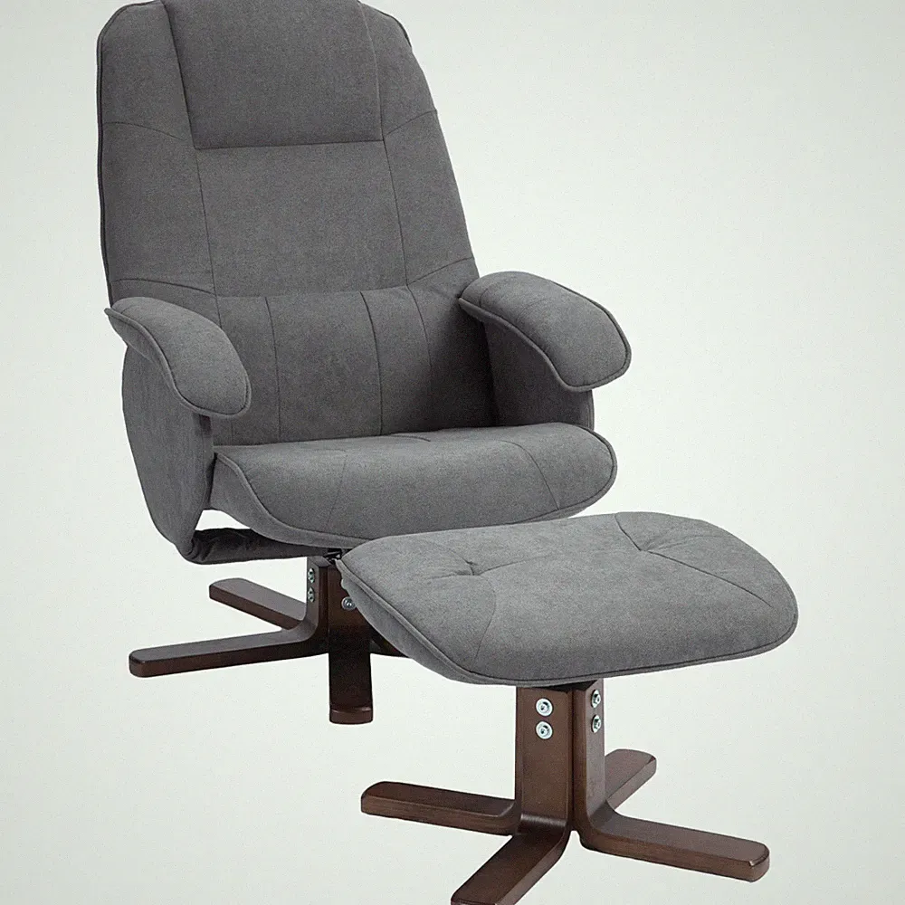 Recliner Chair Grey Linen-touch Fabric 73Lx88Wx94H cm Wooden Base Ottoman 145deg