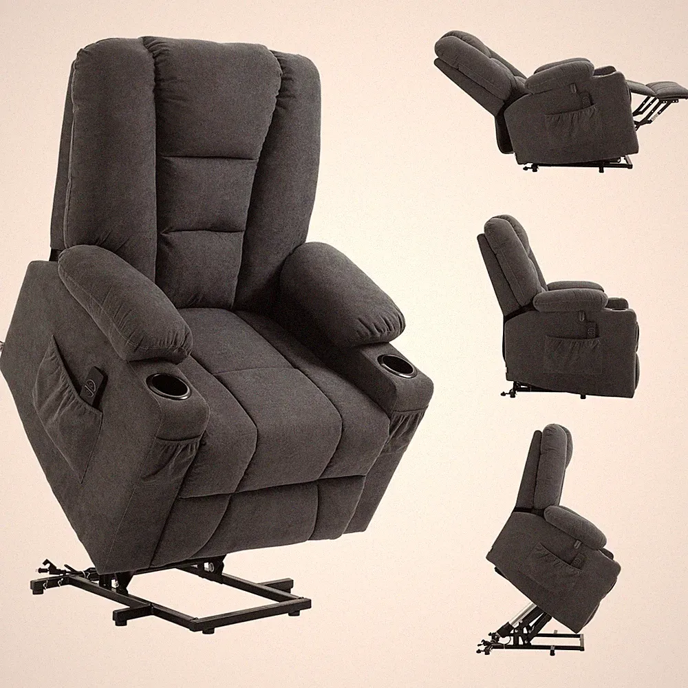 Riser Recliner Chair Charcoal Grey Linen-Feel Oversized Remote Lift 85x102x103cm