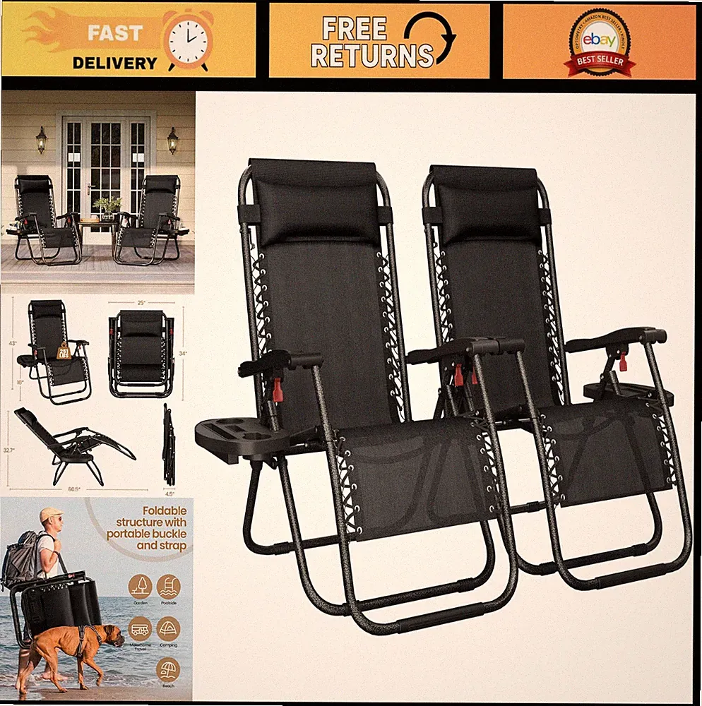 Set of 2 Adjustable Zero Gravity Recliners - Folding Lounge Chairs w/Pillows & C