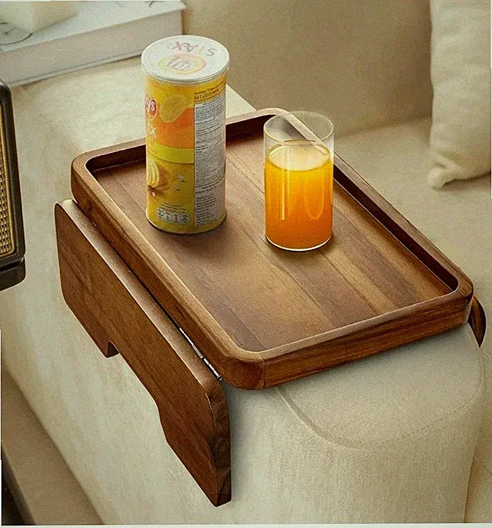 Wood Sofa Armrest Tray - 13.75 x 9.5in Double Hinge Sofa Arm Tray Brown